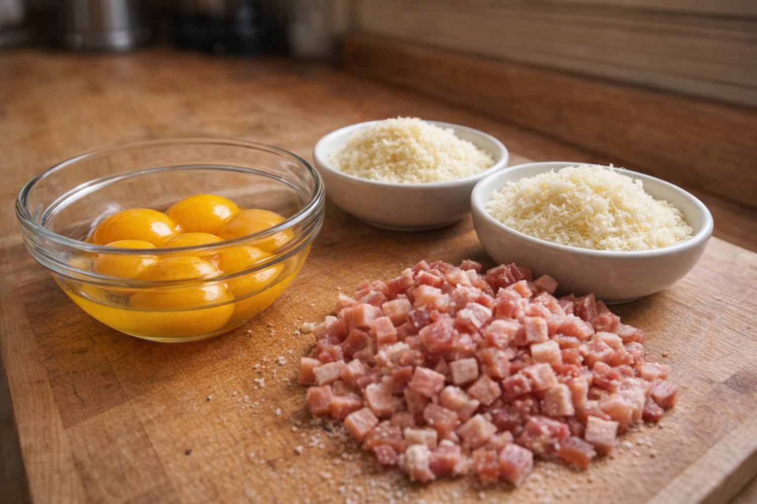 A close-up shot of separated egg yolks in a glass bowl, alongside grated Pecorino Romano and Parmigiano-Reggiano cheese, and diced pancetta, all arranged on a wooden cutting board.